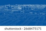 A detailed wireframe blueprint of a cityscape, showcasing various buildings and streets in a complex urban layout against a blue background. Vector rendering of 3d. 3D Illustration
