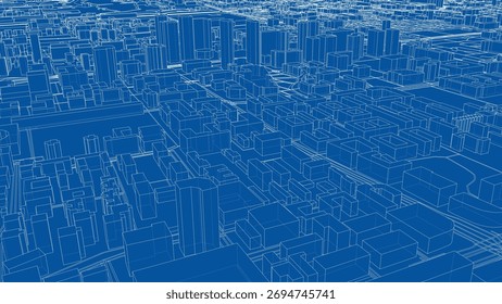 Ein detaillierter Drahtmodell-Entwurf eines Stadtbildes, der Gebäude und Straßen in einem Rasterlayout zeigt. Vektor. 3D-Illustration