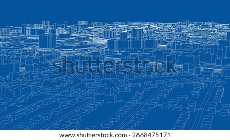 A detailed wireframe blueprint of a cityscape, showcasing various buildings and streets in a complex urban layout against a blue background. Vector rendering of 3d. 3D Illustration