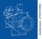A detailed wireframe blueprint of an industrial machine, showcasing intricate mechanical components against a blue background. Vector. 3D Illustration