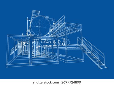 Ein detaillierter Drahtmodell einer industriellen Struktur mit Tanks, Rohren und Treppen auf blauem Hintergrund. Vektor. 3D-Illustration