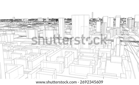 A detailed wireframe illustration of a cityscape with numerous buildings and roads, showcasing an intricate urban layout. Vector. 3D Illustration