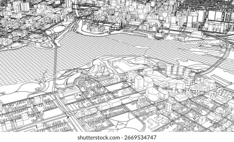 Eine detaillierte Drahtmodell-Illustration eines Stadtbildes, die Gebäude, Straßen und einen Fluss zeigt. Das Rastermuster und die architektonischen Elemente unterstreichen die städtebauliche Planung und Gestaltung. 3D-Illustration