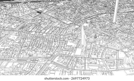 Una ilustración detallada de un paisaje urbano, mostrando edificios, carreteras y diseño urbano con precisión. Vector. Ilustración 3D