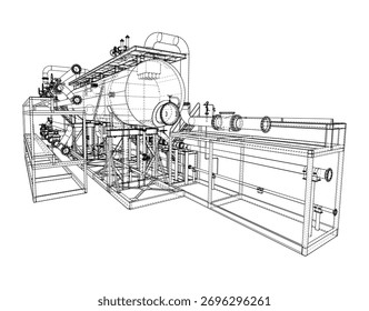 Ilustração detalhada em wireframe de máquinas industriais complexas, mostrando tubos, válvulas e componentes estruturais em uma visão transparente. Vetor. Ilustração 3D