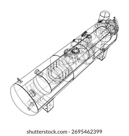 Ilustração detalhada em modelo de arame de uma máquina cilíndrica com componentes internos visíveis e elementos estruturais. Vetor. Ilustração 3D