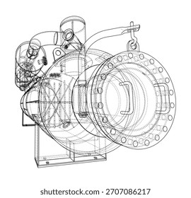 Una ilustración detallada de una estructura de alambre de un componente mecánico, mostrando piezas y conexiones intrincadas. Vector. Ilustración 3D