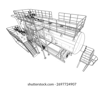 Estructura de alambre detallada de una estructura industrial con plataformas, escaleras y tanques cilíndricos, que muestra el diseño de ingeniería. Vector. Ilustración 3D