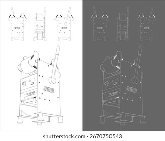 Detailed Wireframe Line Drawing Set of a Manual Cup Sealer Machine, Presented from Multiple Angles for Technical and Industrial Concepts