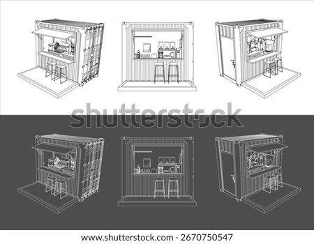 Detailed Wireframe Line Drawing Set of a Modern Shipping Container Kiosk or Concession Stand, with Various Views for Architectural and Business Concepts