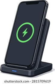 Detailed wireless charging smartphone stand illustration with lightning battery icon and modern mobile technology styling for poster sticker editorial and gadget design