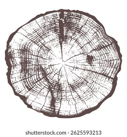 Detailed wood log cross-section illustration showing annual tree rings texture in vintage rustic style, perfect for posters, nature prints, woodworking designs, or eco branding