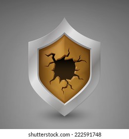 Detailed wooden shield in a steel frame with a crack down the middle. Isolated on a gray background. Vector illustration.