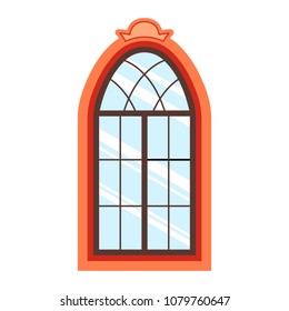 Detailed wooden window frame view isolated on house wall. Architecture design outdoor or exterior view, building and home theme. Vector illustration.