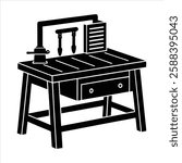 A detailed workbench silhouette vector illustration, perfect for microstock sites. Featuring a sturdy workbench with tools, ideal for workshop, DIY, and construction themes. High-quality, scalable, an