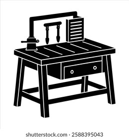 A detailed workbench silhouette vector illustration, perfect for microstock sites. Featuring a sturdy workbench with tools, ideal for workshop, DIY, and construction themes. High-quality, scalable, an