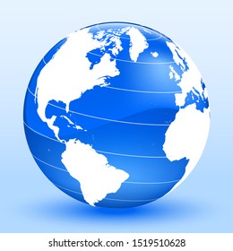 Detailed world globe in three dimensions. Blue and white. Vector illustration.