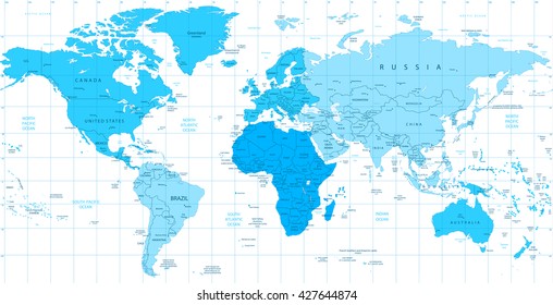 Detailed World map blue colors isolated on white. Vector illustration.