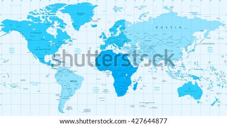 Detailed World map blue colors isolated on white. Vector illustration.