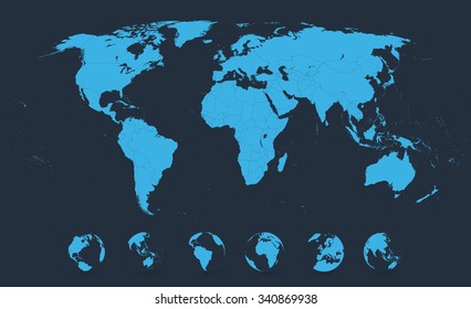 Detailed World Map Blue with Globe Icons.