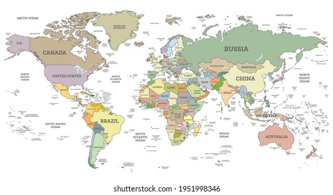 Detailed World Map with Borders and Countries Isolated on White. Vector Illustration. Cylindrical Projection.