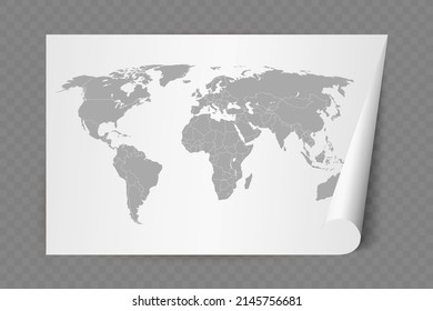 Detailed world map with borders of states on white sheet of paper with curled corner. Vector illustration EPS10