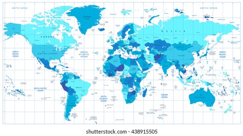 Detailed World Map in colors of blue. All elements are separated in editable layers clearly labeled.