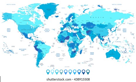 Detailed World Map in colors of blue and map pointers. All elements are separated in editable layers clearly labeled.