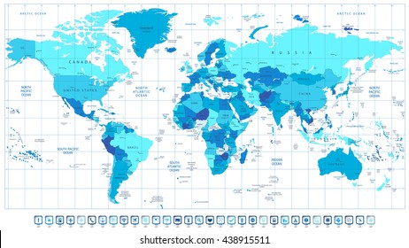 Detailed World Map in colors of blue and 3D square pin icons. All elements are separated in editable layers clearly labeled.