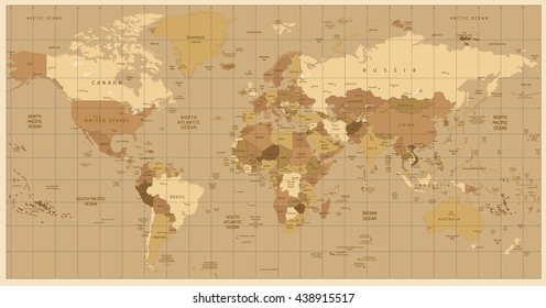 Detailed World Map in colors of brown. All elements are separated in editable layers clearly labeled.