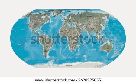 Detailed world map with continents, oceans, and countries. Features political boundaries and geographic details. World map highlights global geography. Vintage art illustration vector.