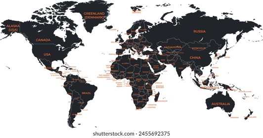 Detailed world map with countries isolated on white background 