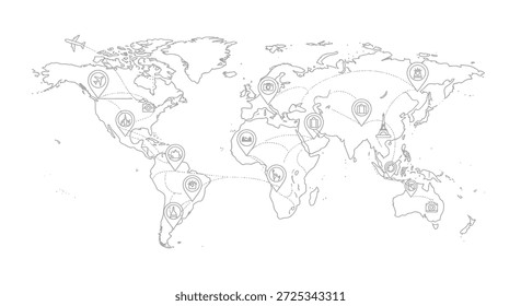 Eine detaillierte Weltkarte zeigt verschiedene Ziele, die durch gepunktete Linien miteinander verbunden sind und globale Reiserouten symbolisieren. Ein Flugzeugsymbol zeigt die Flugrouten an und hebt den internationalen Tourismus hervor.
