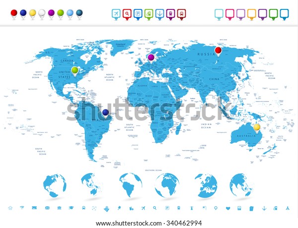 Detailed World Map Globe Icons Navigation Stock Vector (Royalty Free ...