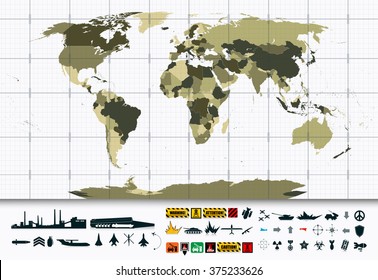 Detailed World Map And Military Power Icon Set.All Elements Are Separated In Editable Layers Clearly Labeled.