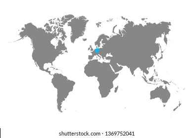 Detailed World Map in Monochrome with Germany Selected Blue. Vector Illustration.