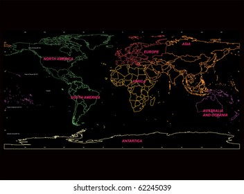 Detailed World Map with Names of Continents, vector isolated by group