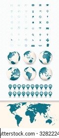 Detailed World Map and Navigation Icon Set with Globes.