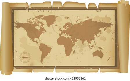 Detailed world map on scroll