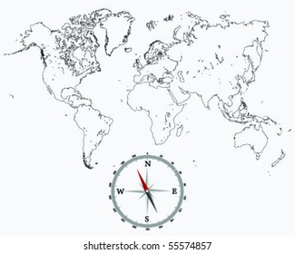 detailed world map outlines and compass