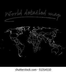 detailed world map over black background, abstract vector art illustration