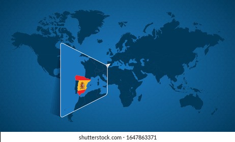 Detailed world map with pinned enlarged map of Spain and neighboring countries. Spain flag and map.