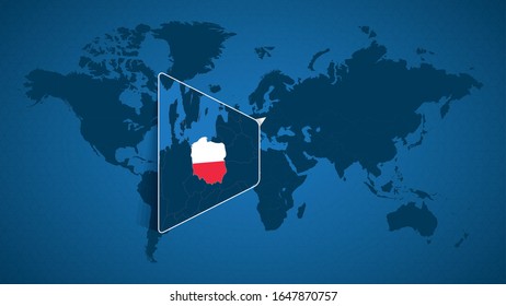 Detailed world map with pinned enlarged map of Poland and neighboring countries. Poland flag and map.