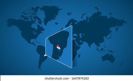 Detailed world map with pinned enlarged map of Paraguay and neighboring countries. Paraguay flag and map.