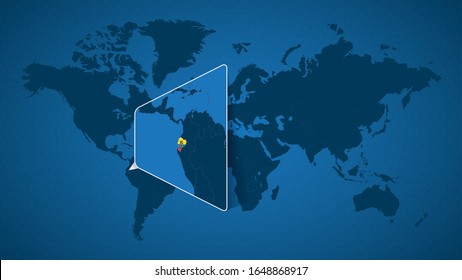 Detailed world map with pinned enlarged map of Ecuador and neighboring countries. Ecuador flag and map.
