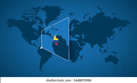 Mapa detallado del mundo con un mapa ampliado de Colombia y los países vecinos. Bandera y mapa de Colombia.