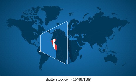 Detailed world map with pinned enlarged map of Peru and neighboring countries. Peru flag and map.
