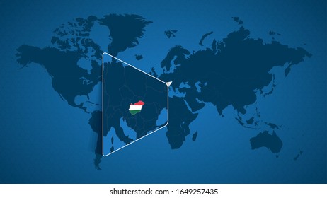 Detailed world map with pinned enlarged map of Hungary and neighboring countries. Hungary flag and map.