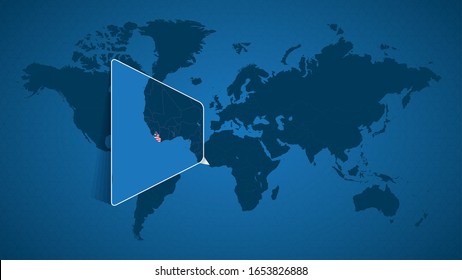 Detailed world map with pinned enlarged map of Liberia and neighboring countries. Liberia flag and map.