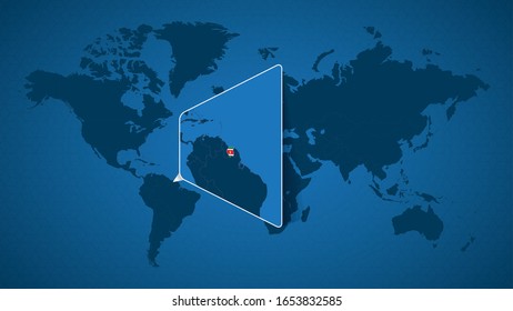 Detailed world map with pinned enlarged map of Suriname and neighboring countries. Suriname flag and map.